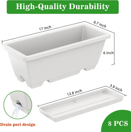 Miniatura 7 de Jardineras para jardinería doméstica, 8 unidades, 17 pulgadas de largo para alféizar de ventana al aire libre, cajas rectangulares de plástico