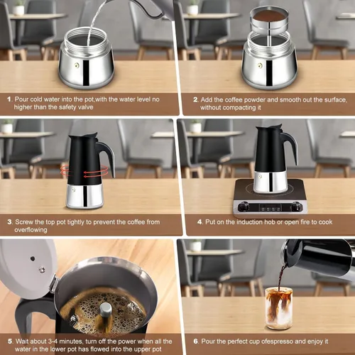 Miniatura 9 de Estufa de 2 tazas de acero inoxidable, cafetera italiana, capacidad para café moca, cocina clásica de inducción para el hogar y campamento, 3.3