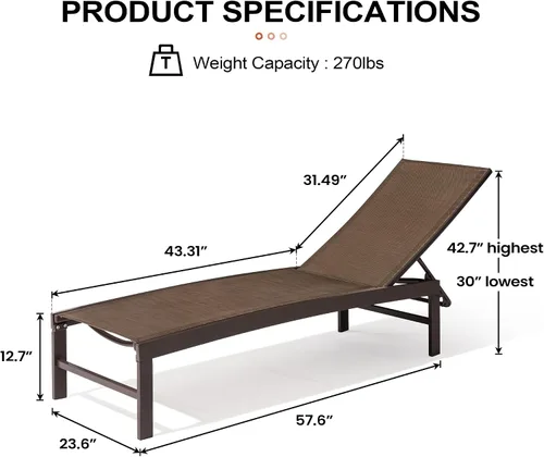 Miniatura 2 de Crestlive Products Sillas de salón al aire libre, tumbonas de aluminio para piscina, reclinables ajustables de cinco posiciones, para todo