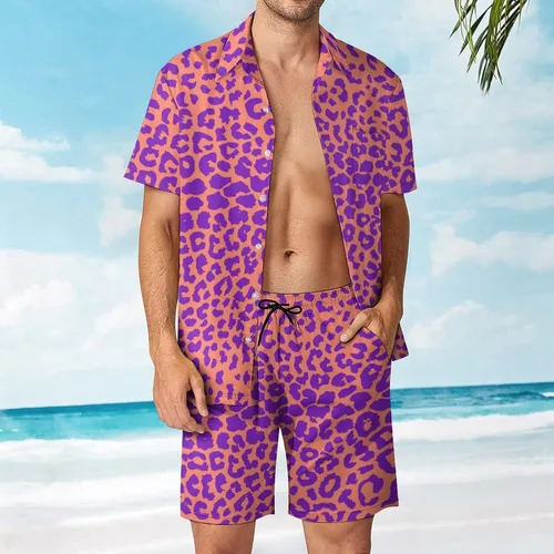 Miniatura 2 de Conjunto combinado de verano de dos piezas para hombre, traje de playa de leopardo, camisa hawaiana con botones