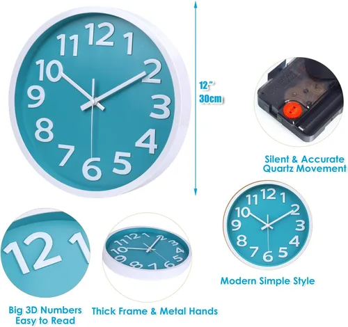 Miniatura 4 de Crosstime Reloj de pared silencioso sin tictac para interiores y exteriores, funciona con pilas, reloj analógico decorativo fácil de leer