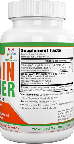 Miniatura 3 de Poder cerebral, apoya la concentración, nootrópicos, mejora la memoria, estado de alerta para hombres y mujeres, ginkgo biloba, Gotu Kola, 60