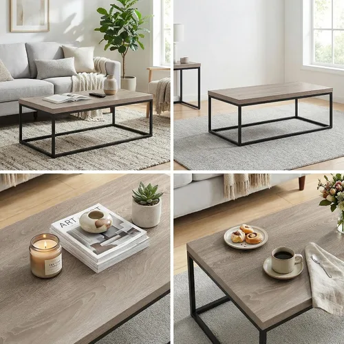 Miniatura 4 de CENSI - Mesa de centro de roble lavado gris de 47 pulgadas, tamaño grande Extra Thick 1.6" Honey-comb Wood Top, Sturdy Metal Frame, Modern