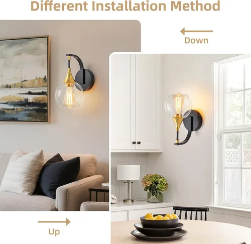 Miniatura 7 de Lámpara de pared de baño de 1 luz, lámpara de pared negra y dorada con pantalla de vidrio transparente, lámpara de pared moderna para interiores
