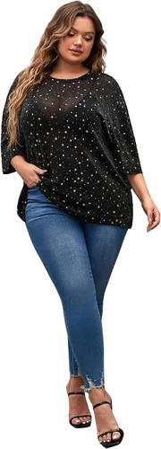 Miniatura 6 de MakeMeChic Camiseta de manga corta de malla transparente con purpurina para mujer, talla grande