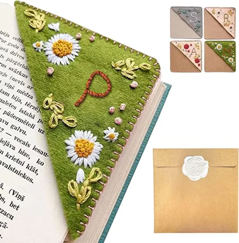 Miniatura 29 de Marcapáginas de esquina bordado a mano personalizado, 26 letras con costura a mano de fieltro, marcapáginas de esquina con bordado de flores lindo
