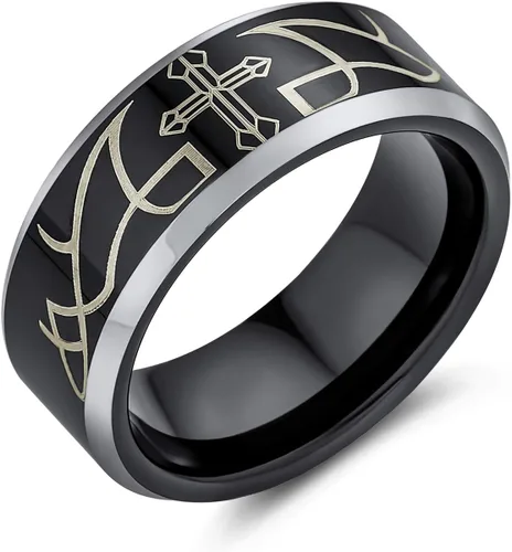 Miniatura 2 de Laser Etched Catholic Religious Black Christ Thorn Cross Titanium Band Ring For Men Comfort Fit 8MM