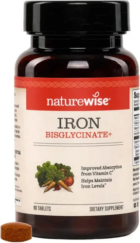 NatureWise Suplemento de hierro vegano para mujeres y hombres, suave con el estómago de alta absorción, tabletas de bisglicinato de hierro