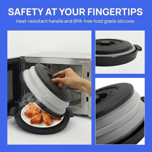 Miniatura 5 de Cubierta de alimentos para microondas con asa – Protector de salpicaduras de silicona plegable y ventilado con bandeja – Para microondas