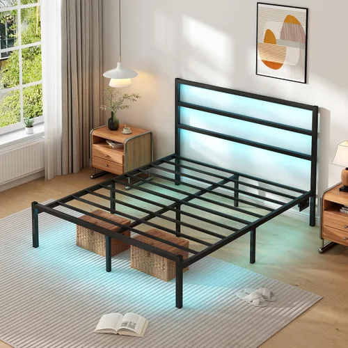 Miniatura 4 de CLIBFENG - Base de cama Queen con cabecera, listones de acero resistentes de apoyo - Base de cama LED con estación de carga USB, fundamento