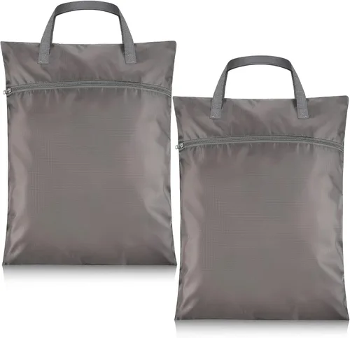 2 bolsas de lavandería de viaje impermeables con asa, bolsa de ropa sucia para viajes, cesta de lavandería colgante con dos bolsillos con Gris