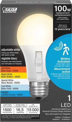 Miniatura 12 de Bombilla LED con sensor de movimiento Feit Electric, A19 equivalente a 60 W, 5CCT, no regulable, base media E26, CRI 90, 800 lúmenes, blanco