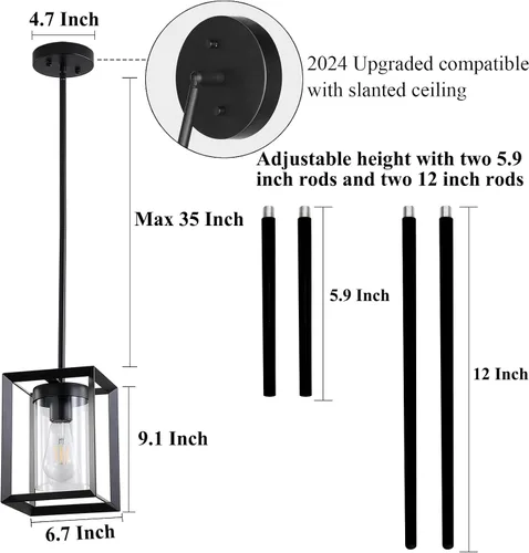 Miniatura 3 de Paquete de 1 lámpara colgante de isla de cocina negra de granja, altura ajustable, barra de metal colgante moderna con jaula de metal, pantalla