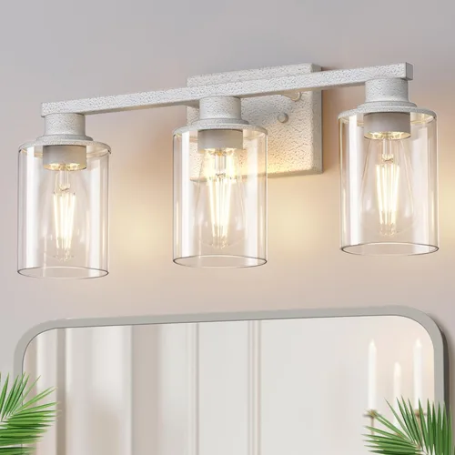 Miniatura 45 de DORESshop Lámparas de baño, 3 luces negras y doradas para baño sobre espejo con pantalla de vidrio transparente, luces de tocador para baño, Negro