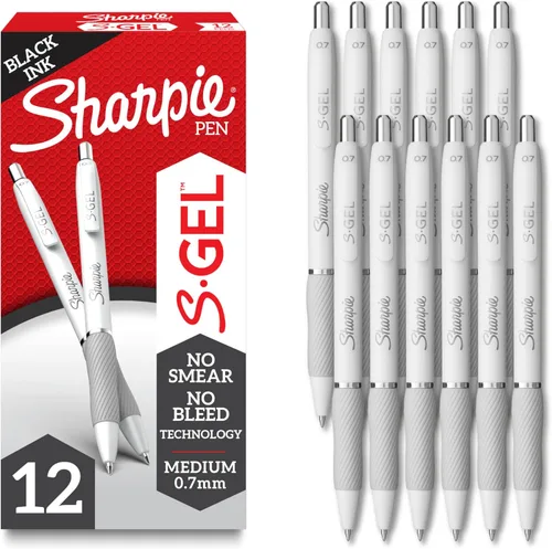 Sharpie Bolígrafos de gel S-Gel, cuerpo blanco perla, tinta negra, punta media (0.028 in), 12 unidades – para diario, escritura, toma de notas,