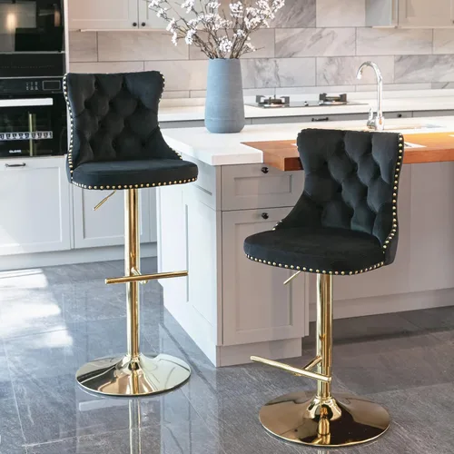 Miniatura 29 de Taburete de bar giratorio ajustable de altura de mostrador, silla de bar tapizada de terciopelo dorado con base cromada con respaldo acolchonado