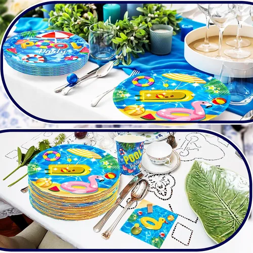 Miniatura 6 de Juego de 150 piezas de suministros para fiestas en la piscina: platos de 9 y 7 pulgadas, servilletas, cuchillos, tenedores, cucharas para playa, Pool