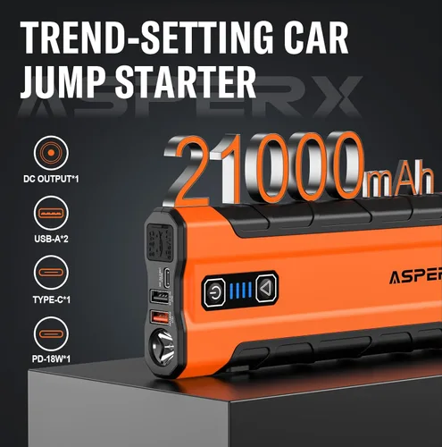 Miniatura 3 de ASPERX AX2500 Arrancador de Batería, Arrancador de Batería de 21000mAh 2500A para Motores de Gasolina de hasta 10L o Diésel de 7.3L, Potenciador