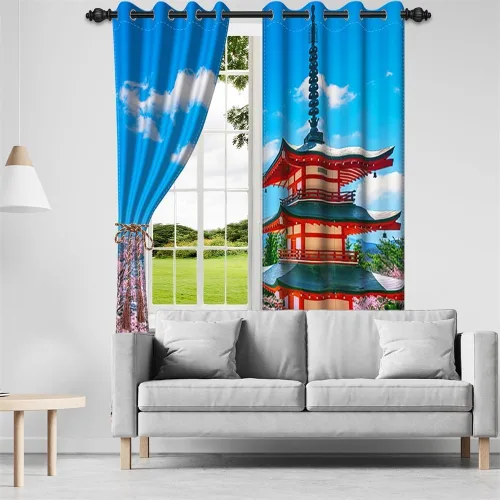 Miniatura 149 de Cortinas japonesas con pintura de tinta, monte Fuji, sol rojo, puesta de sol, hojas de bambú, cortinas de ventana para dormitorio, sala de estar