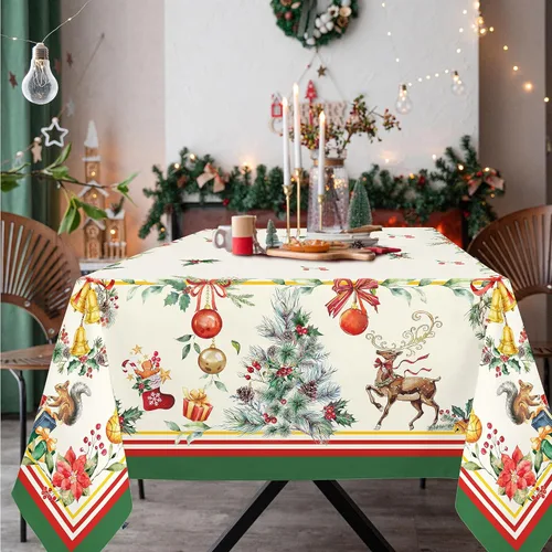 Miniatura 3 de Mantel rectangular de Navidad de 60 x 84 pulgadas, mantel de decoración navideña de alce, poliéster, impermeable y resistente a las arrugas, mantel