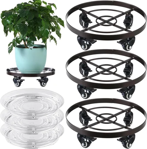 Miniatura 12 de Paquete de 3 posavasos de metal para plantas de 10.6 pulgadas, con ruedas, soporte rodante resistente para plantas con ruedas para interiores y Negro