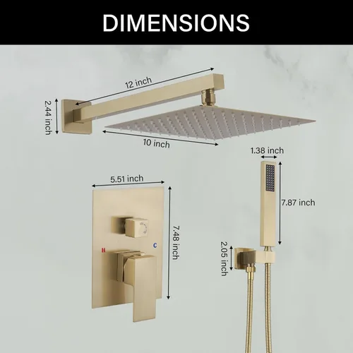 Miniatura 3 de BWE Juego de grifos de ducha de oro cepillado de 10 pulgadas, cuadrado de baño, cabezal de ducha de lujo con rociador de mano, sistema de ducha