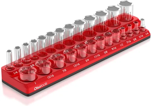 Miniatura 22 de Olsa Tools Portadados magnético, para dados métricos con cuadros de mando de 1/2 pulgada, color rojo, caben 19 dados, organizador de herramientas