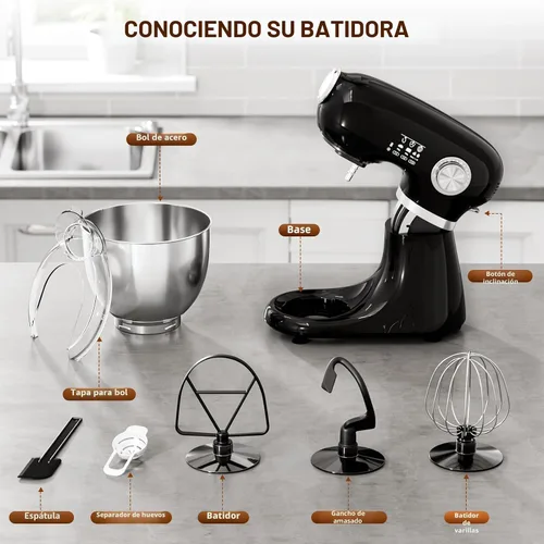 Miniatura 5 de COWSAR Batidora de pie, batidora eléctrica comercial de 12 velocidades, batidora de cocina 3 en 1 con tazón, gancho para masa, batidor y batidor