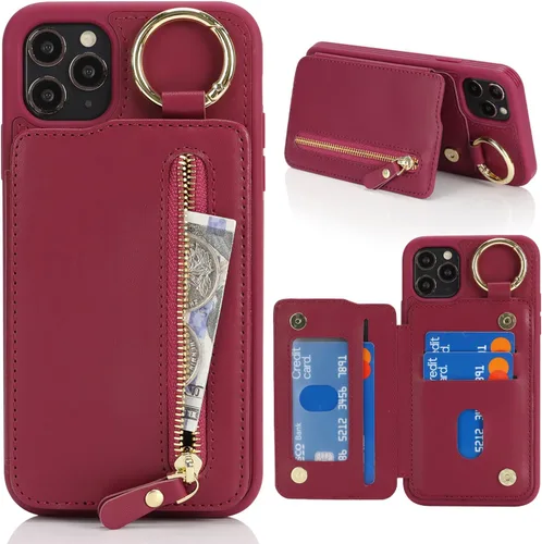 Miniatura 8 de Havaya Funda para iPhone 11 Pro Max con tarjetero y llavero, soporte de cuero, a prueba de golpes, con ranuras para tarjetas de crédito, cremallera