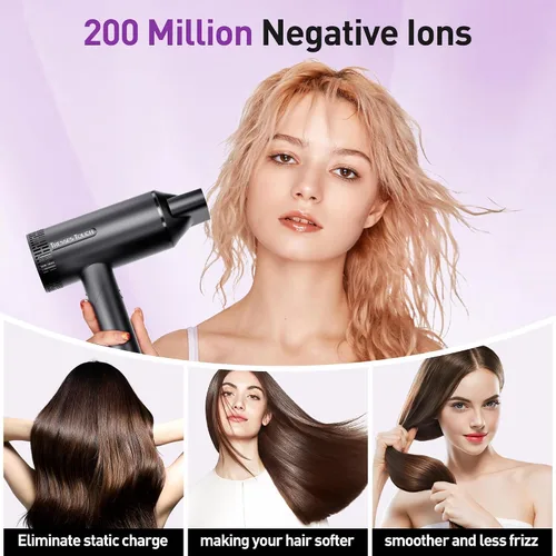 Miniatura 8 de Secador de pelo, secador iónico de alta velocidad, potente motor de 1600 vatios para secado rápido y cabello lacio y ondulado, plegable, ligero