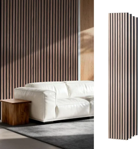 Miniatura 12 de Paneles de pared de listones de madera acústica, paneles insonorizados de roble blanco para decoración de paredes interiores, diseño moderno, 94 x