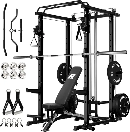 RitFit El paquete multifunción de garaje y gimnasio en casa incluye jaula de potencia de 1200 libras PPC03/P3 con sistema de cruce de cables, banco