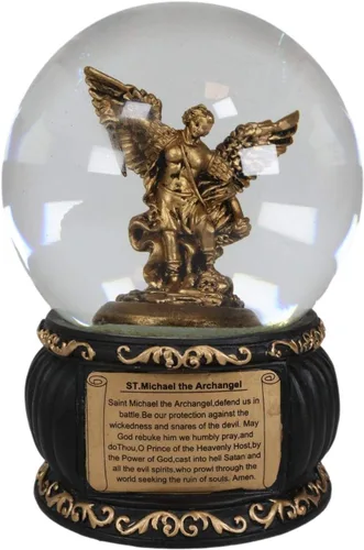 Ebros Guardian Santo Arcángel San Miguel pisoteando Satanás con purpurina globo de agua con placa de oración, base de arte dorada de 5.25 pulgadas