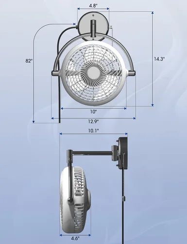 Miniatura 7 de Ventiladores de pared con cadena de tracción, ventiladores de pared de 10 pulgadas, ventilador oscilante silencioso para montaje en pared, brazo