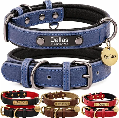 Miniatura 8 de Collar de cuero para perro personalizado y juego de correa, personalizado con diseño acolchado suave y resistente con placa de nombre grabada