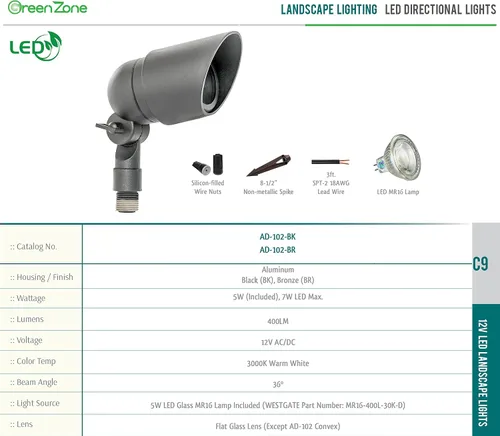 Miniatura 4 de Westgate Mfg. AD-102-BK 20W 12V Luz direccional con capucha de aluminio fundido, cuerpo sólido, color negro