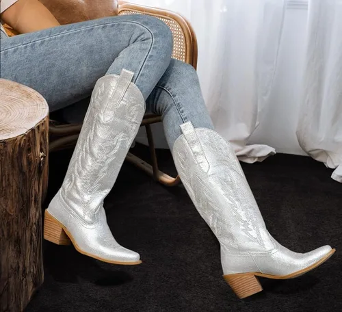 Miniatura 6 de GOSERCE Botas vaqueras altas hasta la rodilla para mujer, botas vaqueras altas bordadas, estilo occidental, punta puntiaguda, bloque medio, tacón