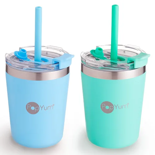 Miniatura 10 de PopYum - Vasos de acero inoxidable para niños, 9 onzas, morado, rosa, paquete de 2 Aislado, aspiradora de doble pared, tapa y pajilla, apilable, a