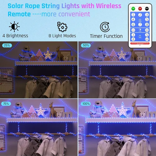 Miniatura 8 de Luces solares de cuerda para exteriores, impermeables, LED, 200 luces LED de cuerda solar, 72 pies, 8 modos con control remoto, flexible, tubo solar