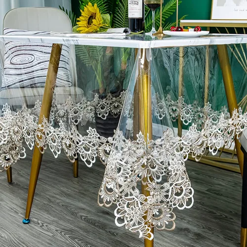 Miniatura 7 de Jeloris Mantel redondo de plástico transparente de vinilo PVC impermeable con borde de encaje bordado, cubierta de mesa transparente para cocina