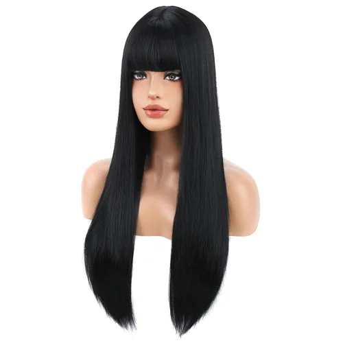 Miniatura 2 de BERON Pelucas negras de cabello largo liso con flequillo, para mujer, a la moda, resistente al calor, sintético, aspecto natural, para fiesta