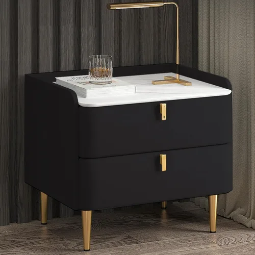 Miniatura 10 de WOLWES Mesita de noche, mesa auxiliar con almacenamiento, mesita de noche de madera maciza con 2 cajones, parte superior de mármol sintético