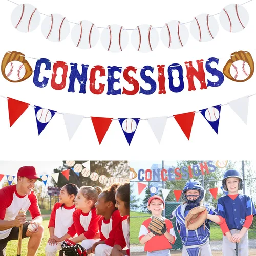 Guirnalda de béisbol de 3 piezas, pancarta de concesiones con purpurina, banderines triangulares, banderines con temática deportiva, decoración de