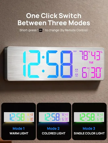 Miniatura 4 de MASHI Reloj de pared digital grande de 18.5", con control remoto, doble alarma con gran pantalla LED, 10 niveles de brillo ajustable, DST, fecha