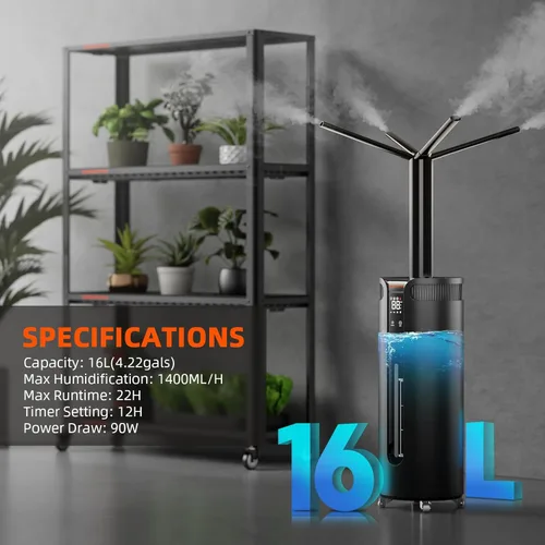 Miniatura 7 de Spider Farmer - Humidificador de 16L/4.2Gal con salida de 1400ML/H para tienda de cultivo de 2000 pies cuadrados, habitación grande, planta