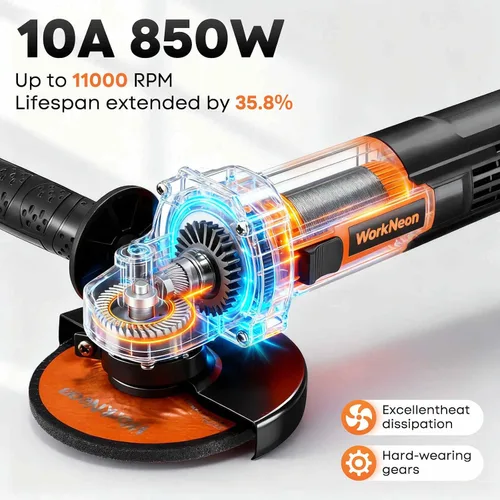 Miniatura 3 de Amoladora angular de 850W: Amoladora angular de 4-1/2 pulgadas - Amoladora angular de 11000RPM con 5 piezas de ruedas de corte y molienda, mango