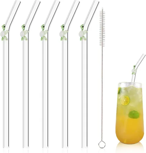 Miniatura 9 de 5 popotes reutilizables de vidrio transparente con diseño color cereza de 7.8" x 8mm con 1 cepillo de limpieza para batidos, zumos, jugos y tés