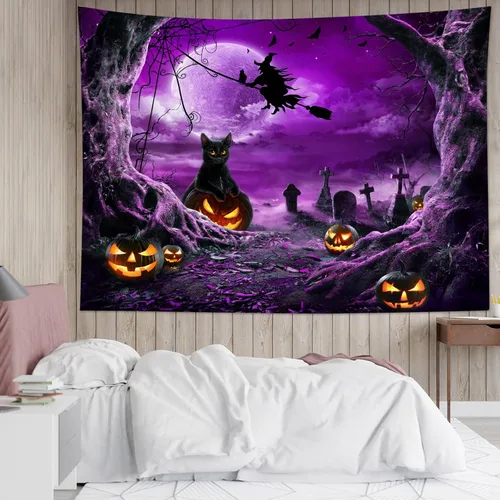 Miniatura 27 de LB Tapiz espeluznante de cementerio de Halloween, lápida aterradora con árboles muertos, tapiz de bosque para colgar en la pared, tapiz de fondo