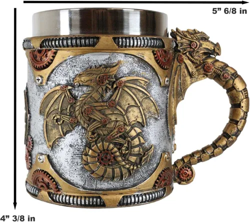 Miniatura 2 de Ebros Gift Fantasía Golden Steampunk Cyborg Dragón robótico en viaje a la luna Cerveza Stein Tankard Taza de café Calabozos y Dragones Victoriano