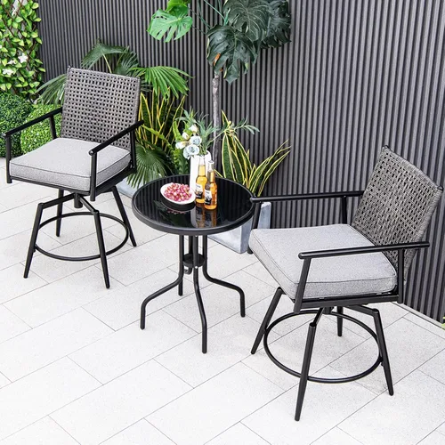 Miniatura 2 de Tangkula Juego de 2 taburetes de bar giratorios para patio, sillas de bar de altura de mostrador para exteriores con respaldo de ratán de Negro